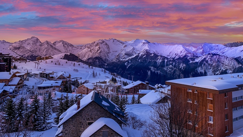 Evening Sunset At Ski Resort Village, Chamonix Mont-Blanc, Amazing Sky