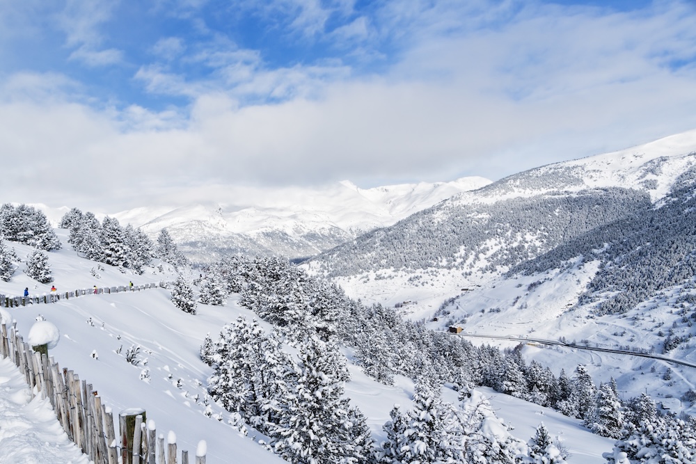 View of slopes of mountains in the winter in the Pyrenees, Andorra 
